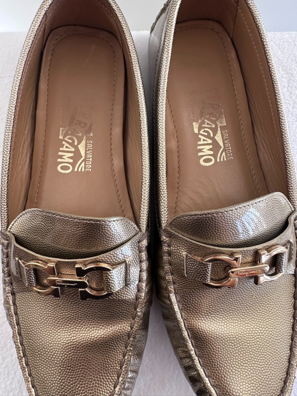 Salvatore Ferragamo Metallic Gold Gancini Leather Loafers - Picture 2 of 5